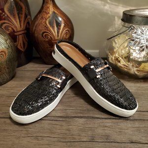 Halston Becka Black Leather Woven Mules